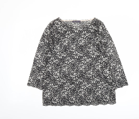 Marks and Spencer Womens Black Floral Polyamide Basic Blouse Size 12 Round Neck