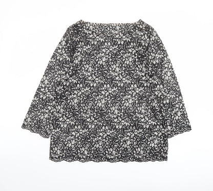 Marks & Spencer Womens Black Floral Polyamide Basic Blouse Size 12 Round Neck