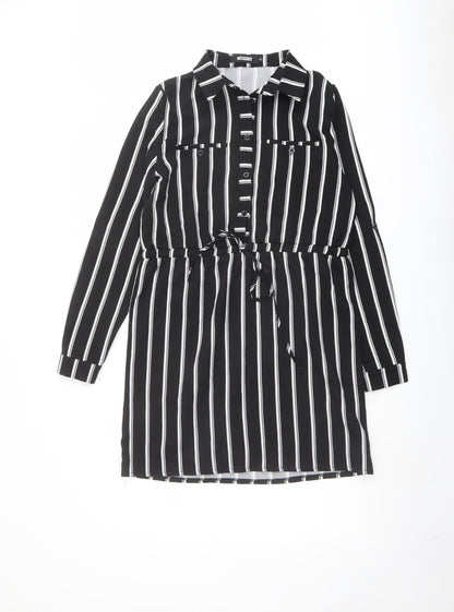 Additional front view of Missguided women’s black striped polyester shirt dress, size UK 8, collared button