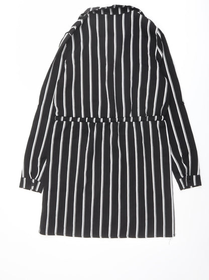 Back view of Missguided women’s black striped polyester shirt dress, size UK 8, collared button