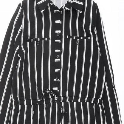 Close-up detail of Missguided women’s black striped polyester shirt dress, size UK 8, collared button