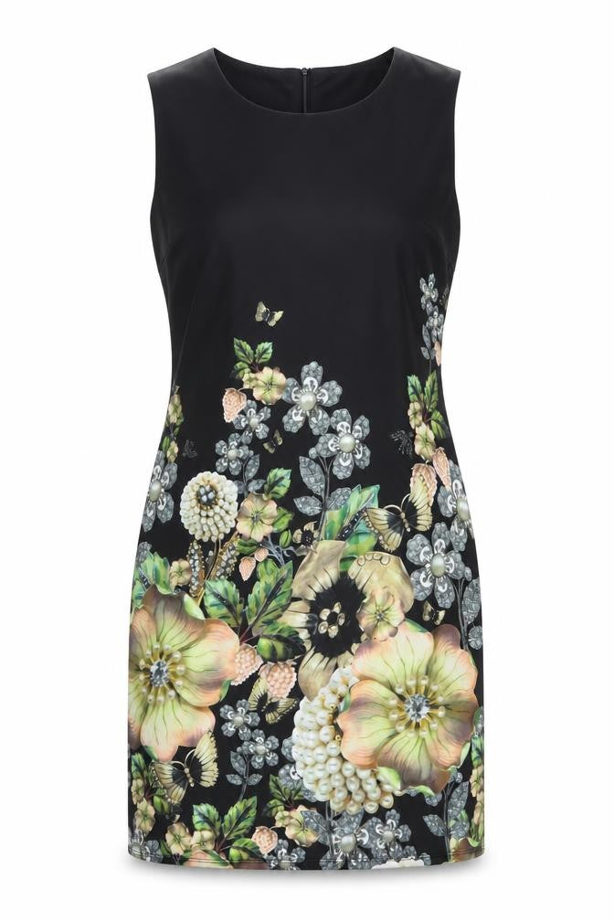 Tricotonic Womens Black Floral Polyester Shift Size XL Round Neck Zip