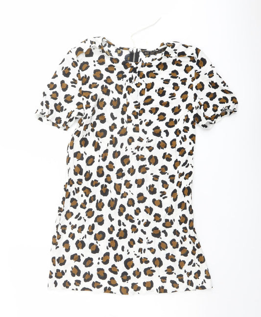 Zara Womens White Animal Print Polyester Shift Size XS Round Neck Zip - Leopard pattern