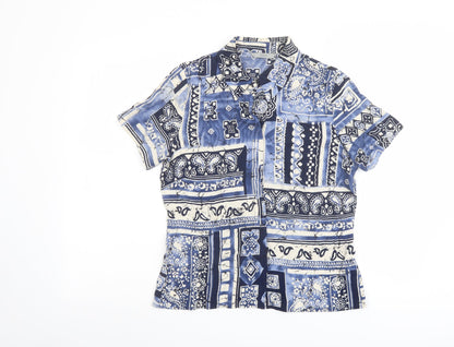 Marks & Spencer Womens Blue Geometric Viscose Basic Button-Up Size 10 Collared