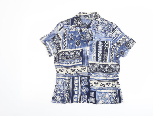 Marks and Spencer Womens Blue Geometric Viscose Basic Button-Up Size 10 Collared