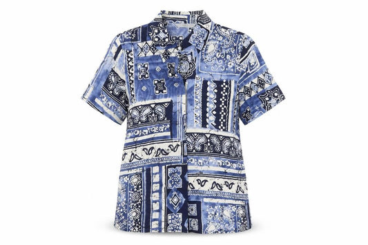 Marks and Spencer Womens Blue Geometric Viscose Basic Button-Up Size 10 Collared