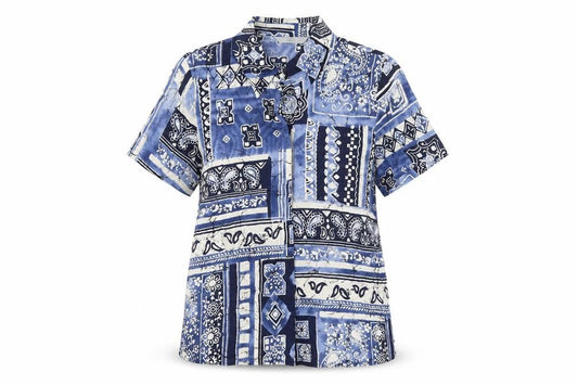 Marks and Spencer Womens Blue Geometric Viscose Basic Button-Up Size 10 Collared
