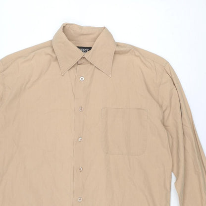 Close-up detail of ESPRIT men’s beige polyester button-up, size M, collared button