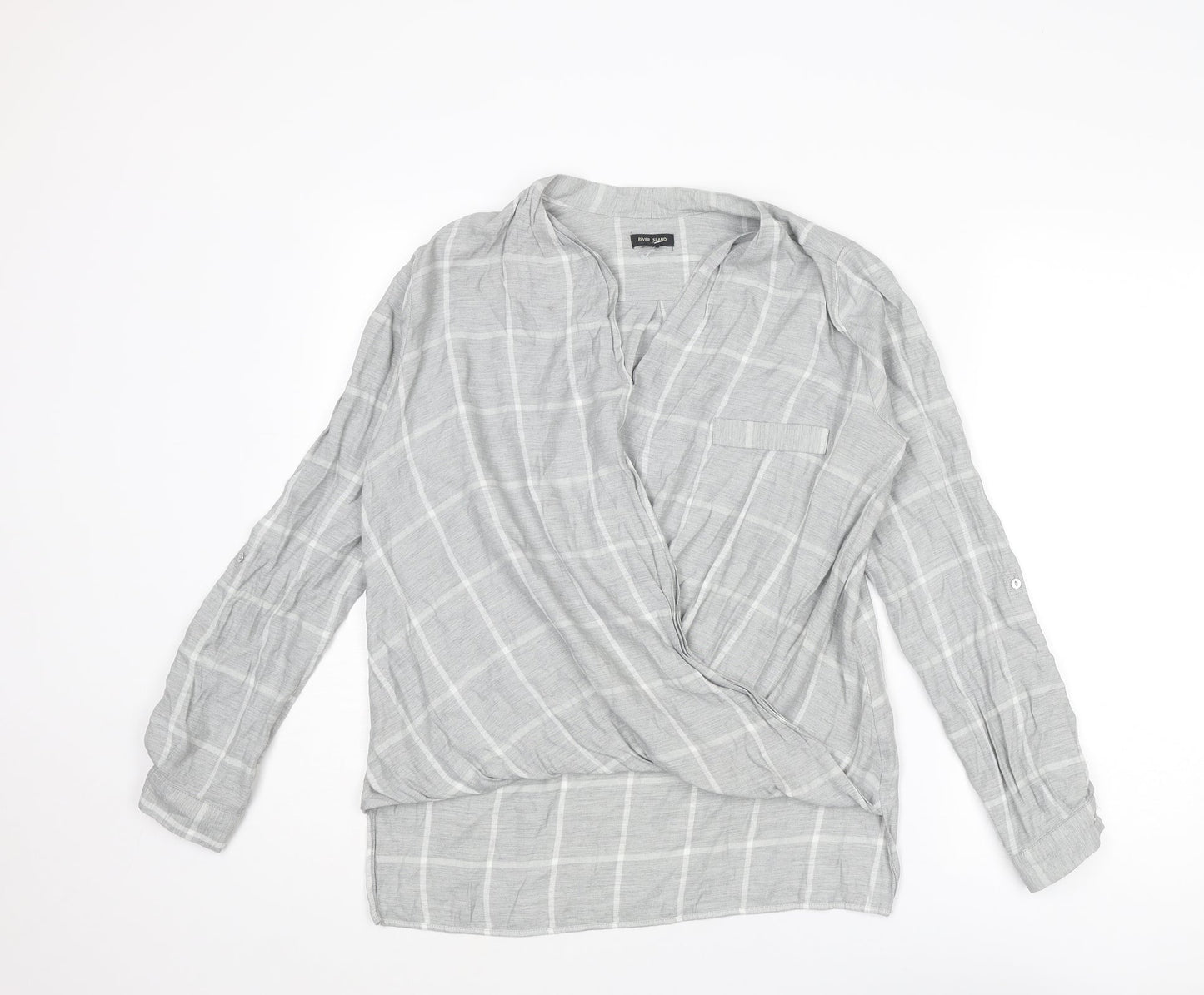 River Island Womens Grey Check Viscose Basic Blouse Size 8 V-Neck