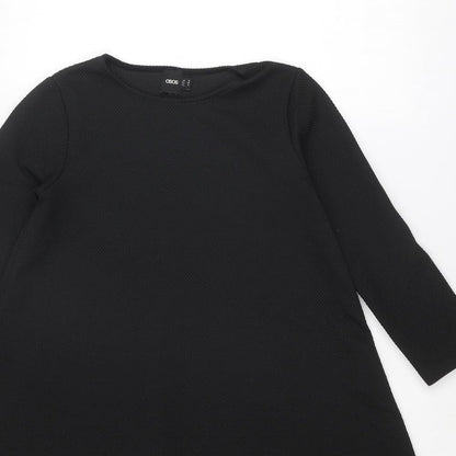 Close-up detail of ASOS women’s black polyester trapeze & swing, size UK 10, boat neck pullover