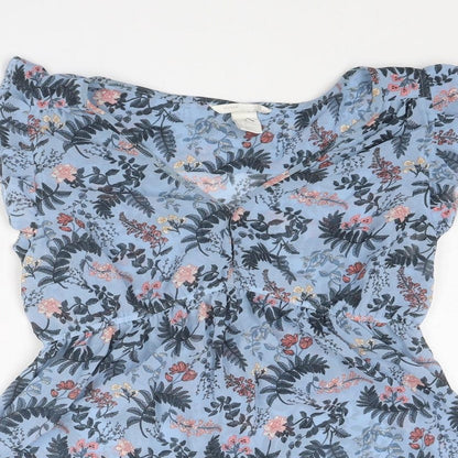 H&M Womens Blue Floral Polyester Basic Blouse Size S V-Neck