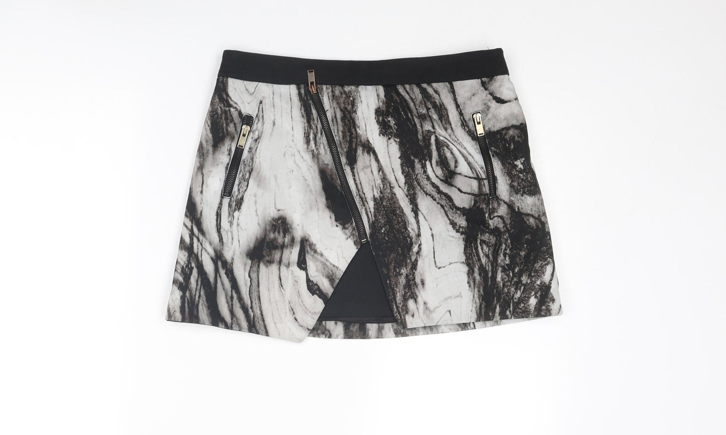 Zara Womens Grey Geometric Cotton Mini Skirt Size M Zip