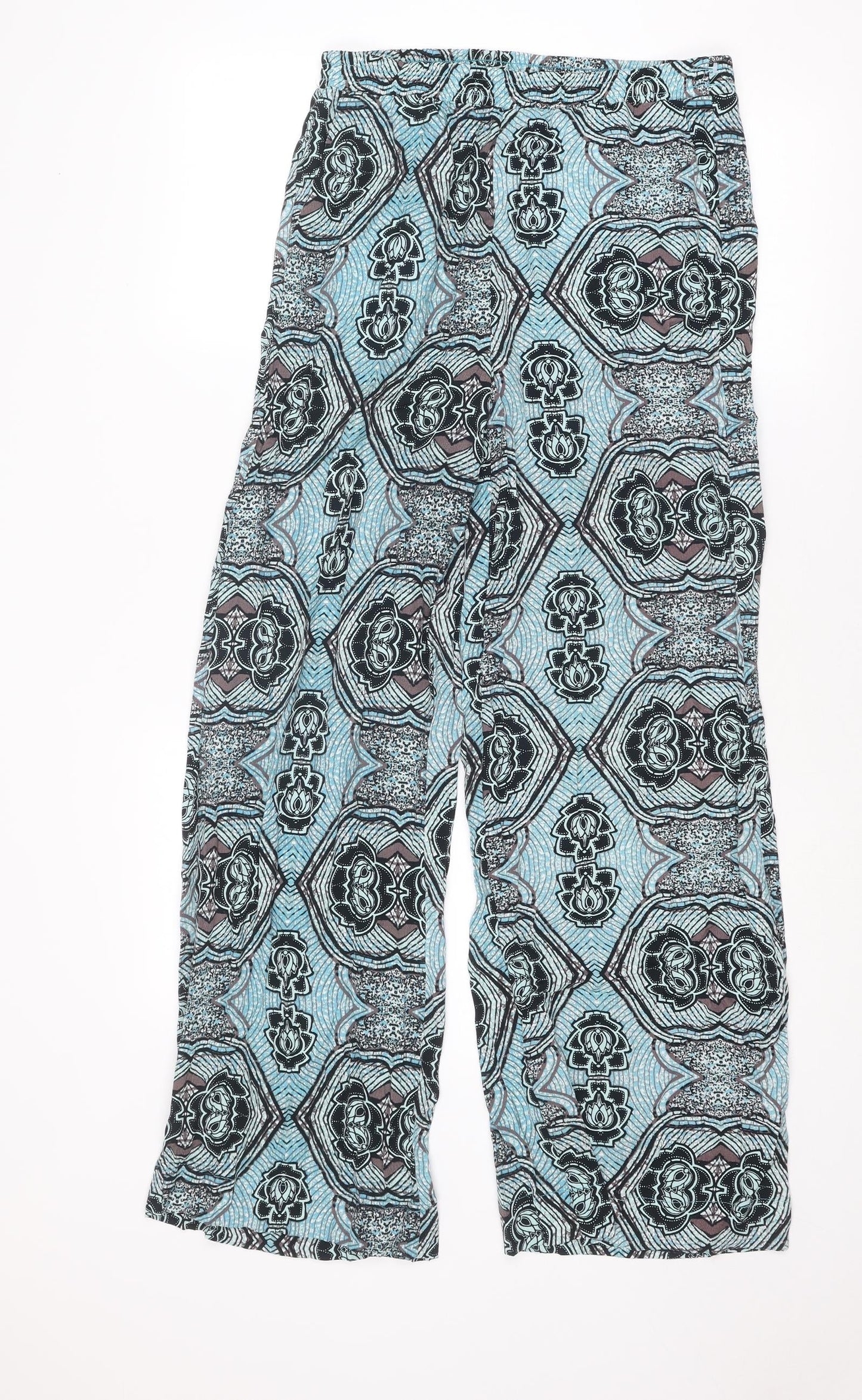 H&M Womens Blue Geometric Viscose Trousers Size 8 L29 in Regular
