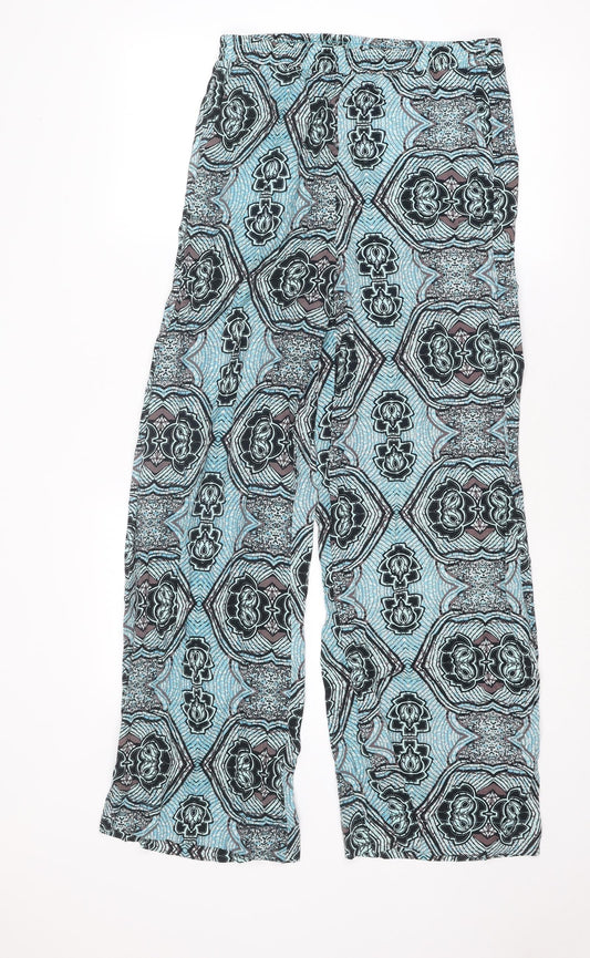 H&M Womens Blue Geometric Viscose Trousers Size 8 L29 in Regular