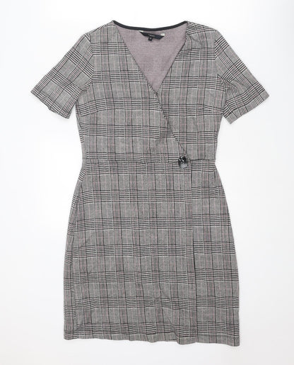 Next Womens Grey Plaid Polyester Shift Size 10 V-Neck Snap - Wrap Style