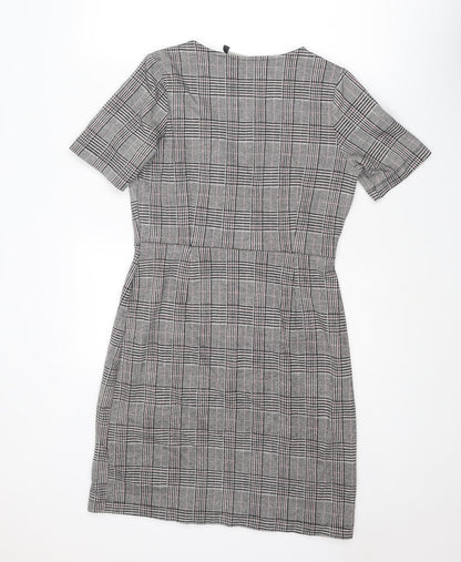 Next Womens Grey Plaid Polyester Shift Size 10 V-Neck Snap - Wrap Style