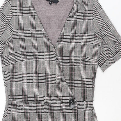 Next Womens Grey Plaid Polyester Shift Size 10 V-Neck Snap - Wrap Style