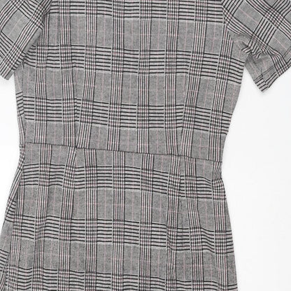 Next Womens Grey Plaid Polyester Shift Size 10 V-Neck Snap - Wrap Style
