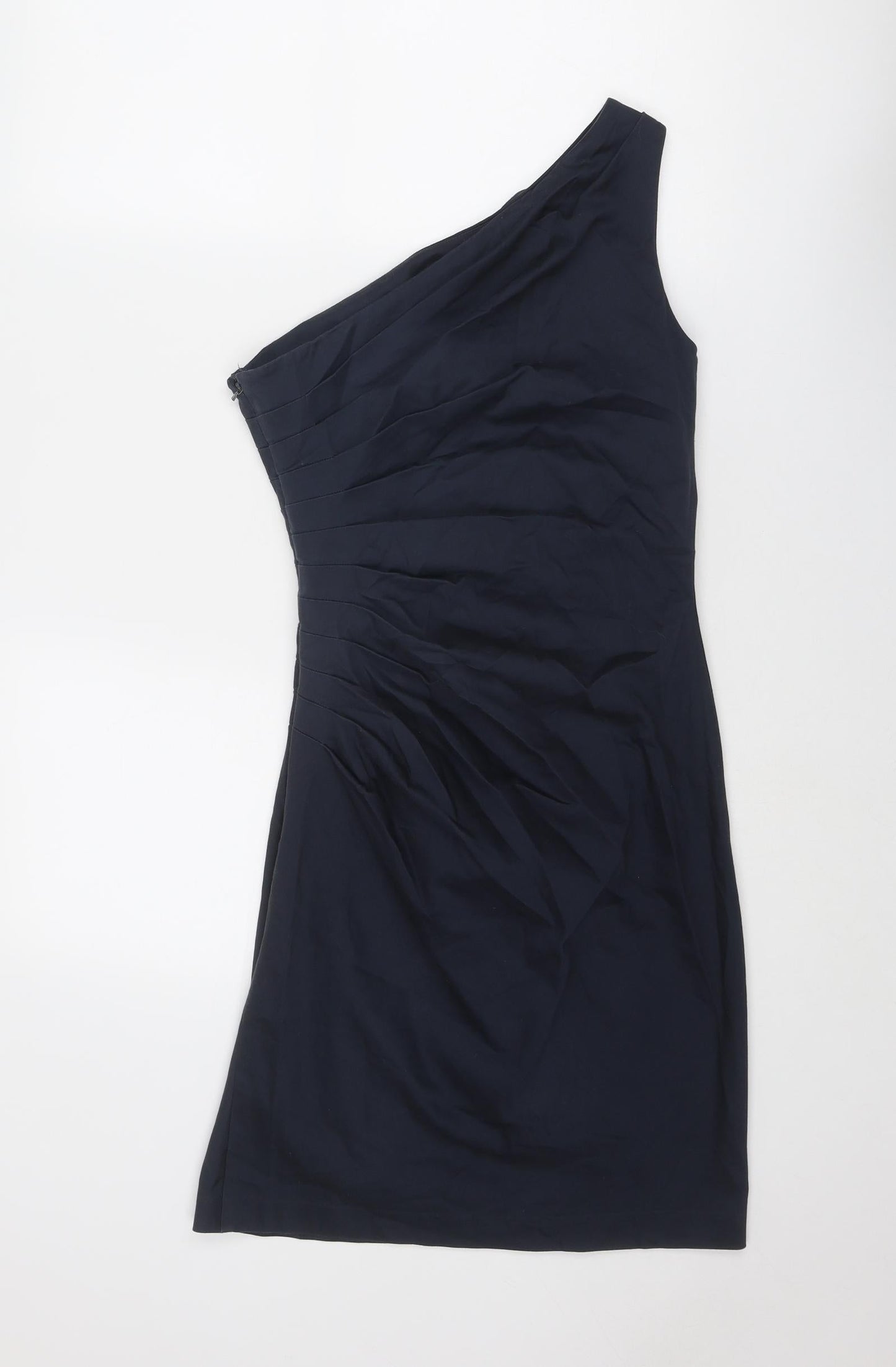 Warehouse Womens Blue Cotton Pencil Dress Size 10 Off the Shoulder Zip