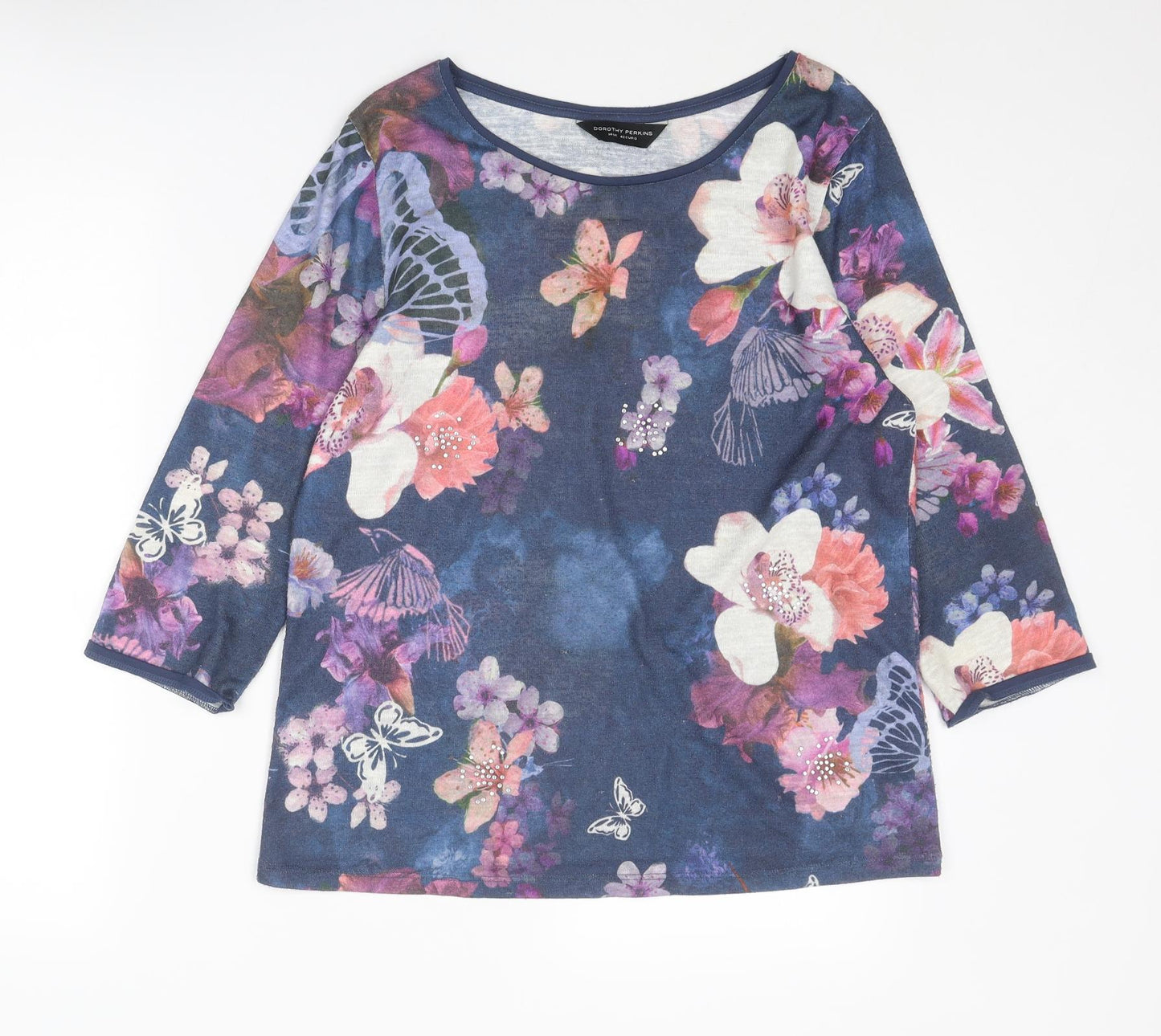 Dorothy Perkins Womens Blue Floral Polyester Basic Blouse Size 14 Boat Neck