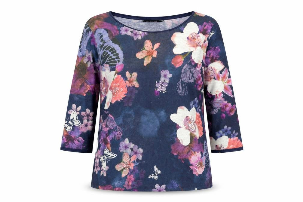 Dorothy Perkins Womens Blue Floral Polyester Basic Blouse Size 14 Boat Neck