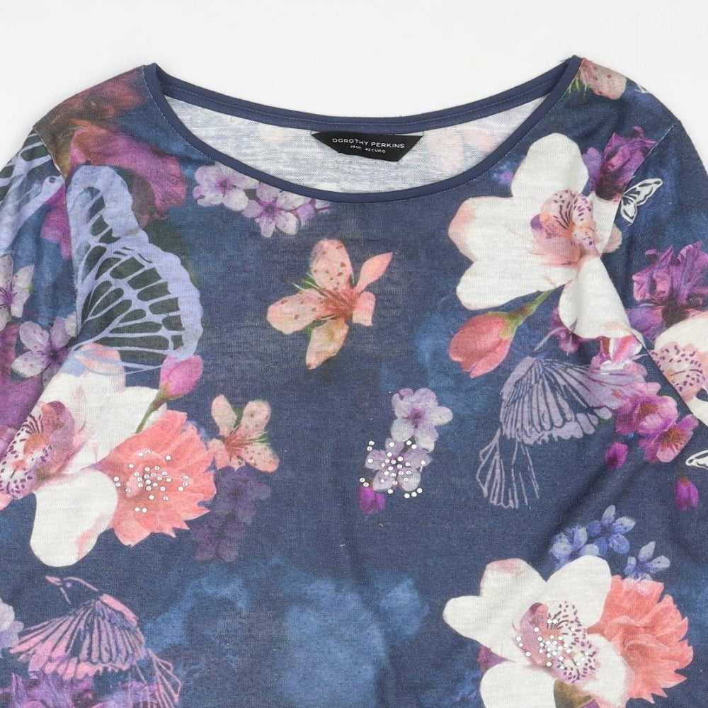 Dorothy Perkins Womens Blue Floral Polyester Basic Blouse Size 14 Boat Neck