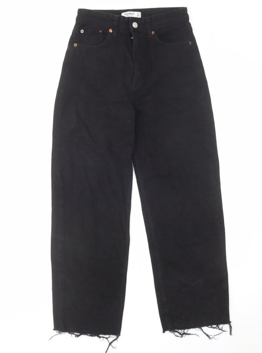 Pull&Bear Womens Black Cotton Wide-Leg Jeans Size 4 L25 in Regular Zip - Frayed Hem