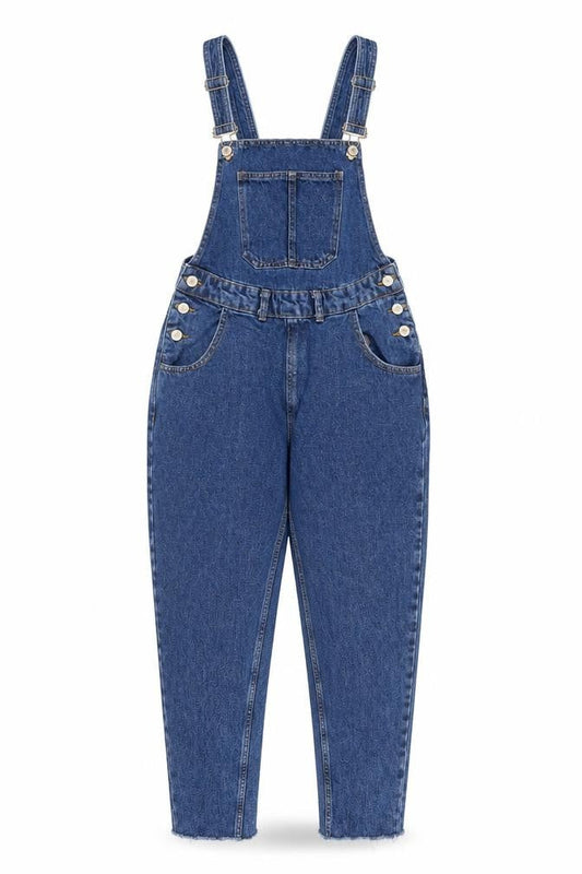 Front view of Denim & Co. women’s blue cotton dungaree one-piece, size UK 4, 26-inch leg button