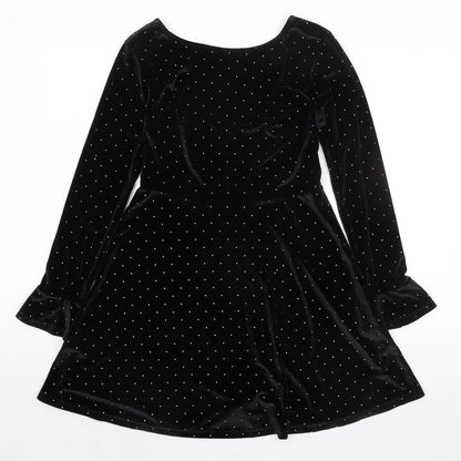 Additional front view of ASOS women’s black polka dot polyester a-line, size UK 8, round neck pullover