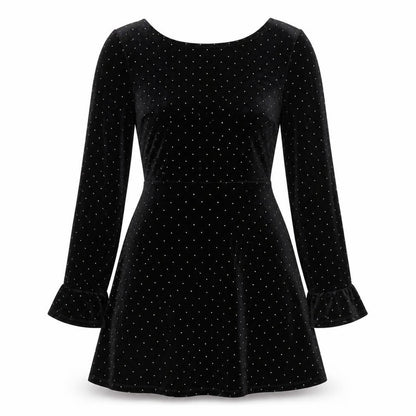 Front view of ASOS women’s black polka dot polyester a-line, size UK 8, round neck pullover