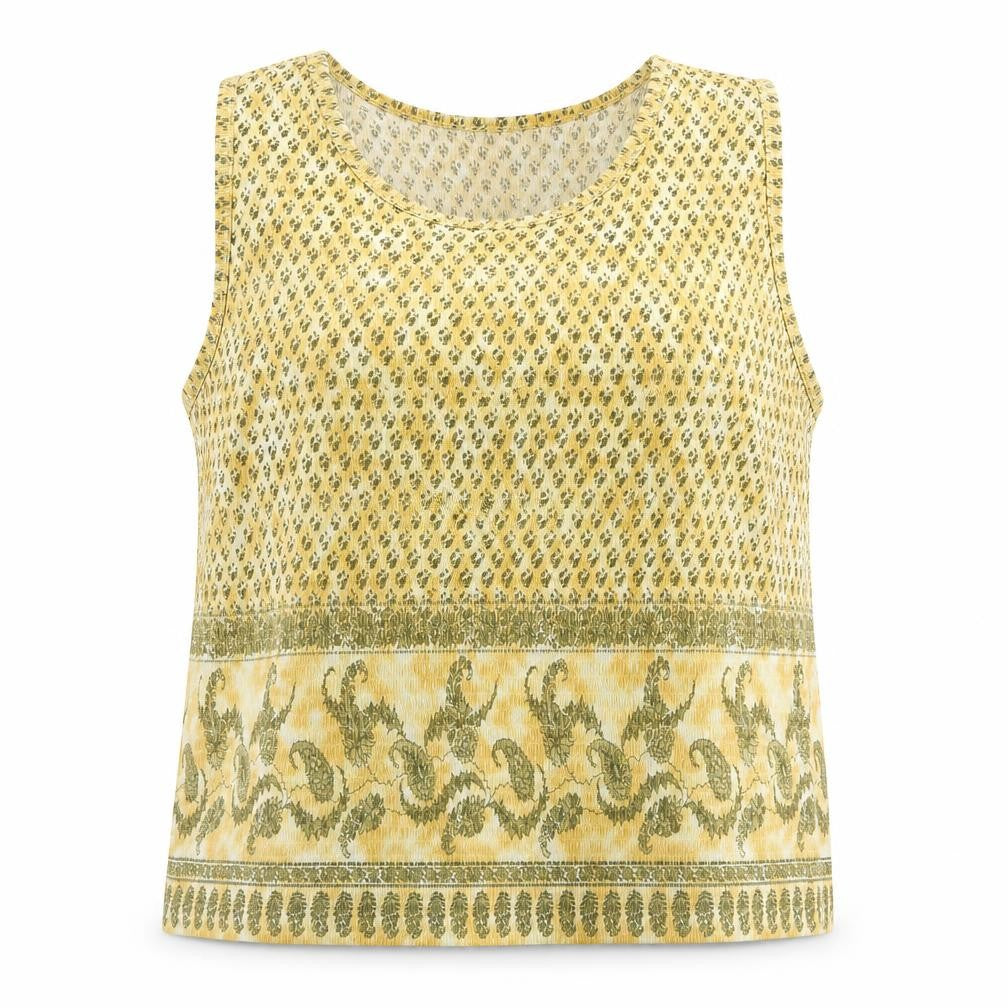 Pleat Pleat Womens Yellow Paisley Polyester Basic Tank Size L Round Neck
