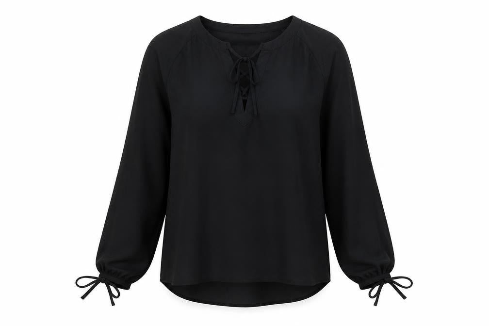 Marks & Spencer Womens Black Polyester Basic Blouse Size 10 V-Neck - Tie Sleeve Detail