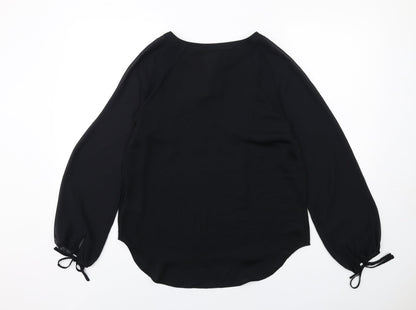 Marks & Spencer Womens Black Polyester Basic Blouse Size 10 V-Neck - Tie Sleeve Detail