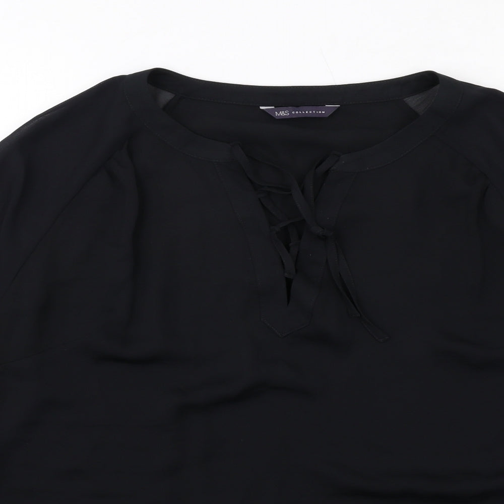 Marks and Spencer Womens Black Polyester Basic Blouse Size 10 V-Neck - Tie Sleeve Detail