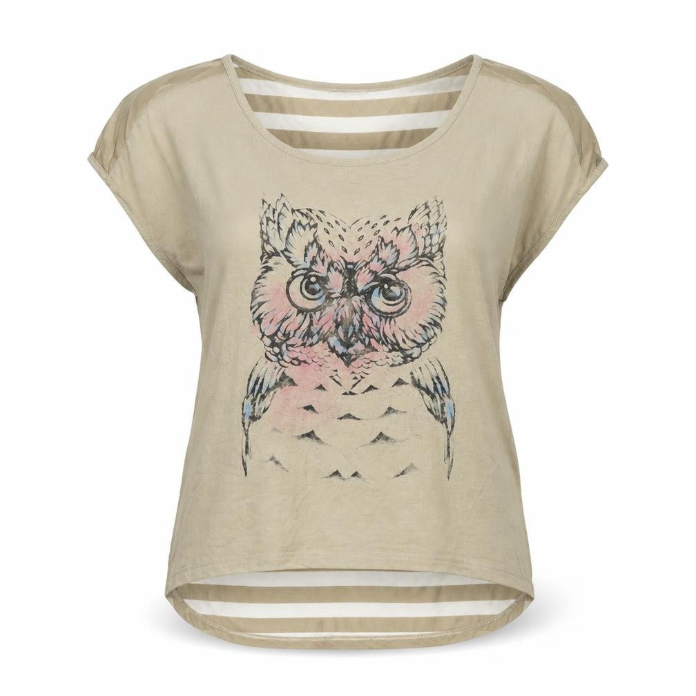 Bongo Womens Beige Striped Polyester Basic T-Shirt Size L Boat Neck - Owl