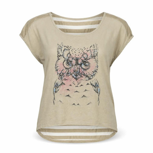 Bongo Womens Beige Striped Polyester Basic T-Shirt Size L Boat Neck - Owl