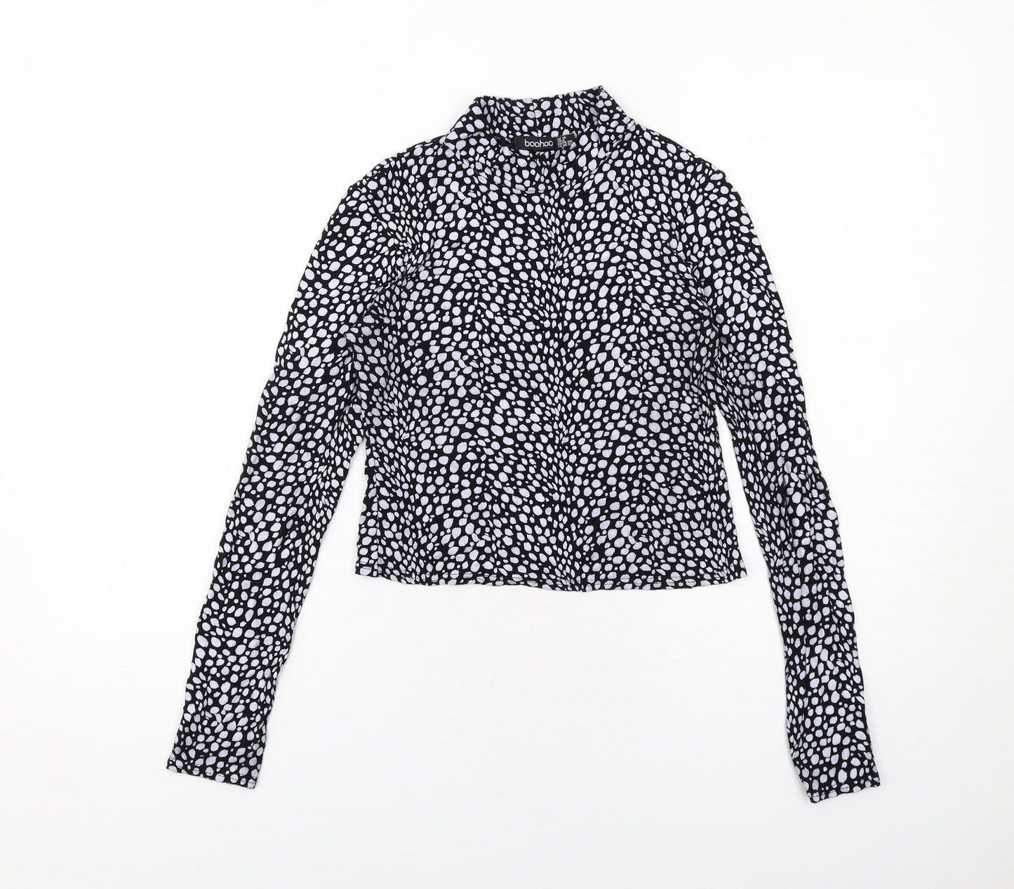 Boohoo Womens Black Animal Print Viscose Basic Blouse Size 10 Mock Neck