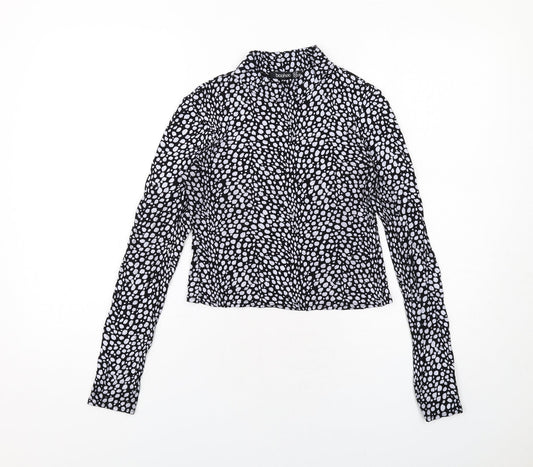 Boohoo Womens Black Animal Print Viscose Basic Blouse Size 10 Mock Neck