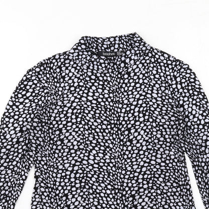 Boohoo Womens Black Animal Print Viscose Basic Blouse Size 10 Mock Neck
