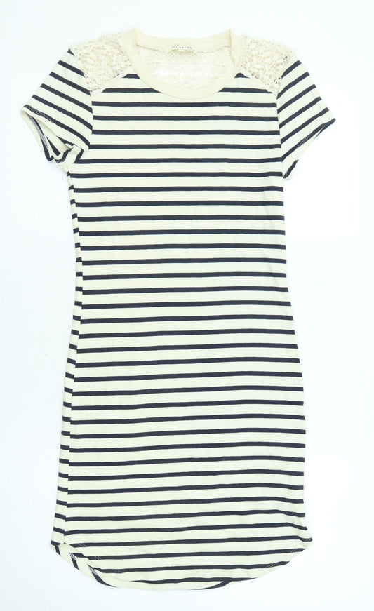 Monteau Womens Beige Striped Cotton T-Shirt Dress Size M Round Neck Pullover - Crochet Detail