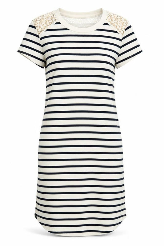 Monteau Womens Beige Striped Cotton T-Shirt Dress Size M Round Neck Pullover - Crochet Detail