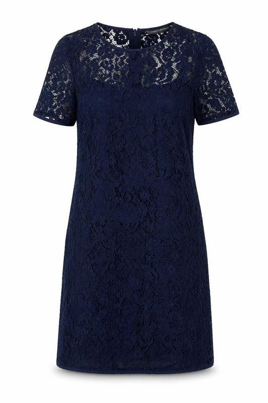 Front view of French Connection women’s blue polyamide a-line, size UK 10, round neck zip