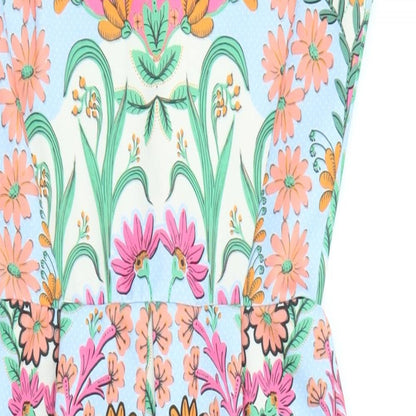 Close-up detail of ASOS women’s multicoloured floral polyester shift, size UK 8, collared button