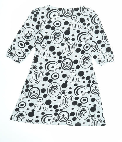 Back view of Izabel women’s grey geometric polyester a-line, size M, v-neck pullover