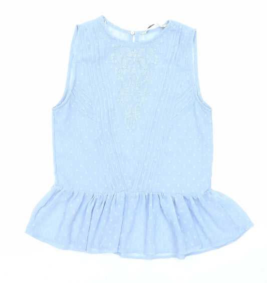Zara Womens Blue Geometric Viscose Basic Blouse Size XS Round Neck