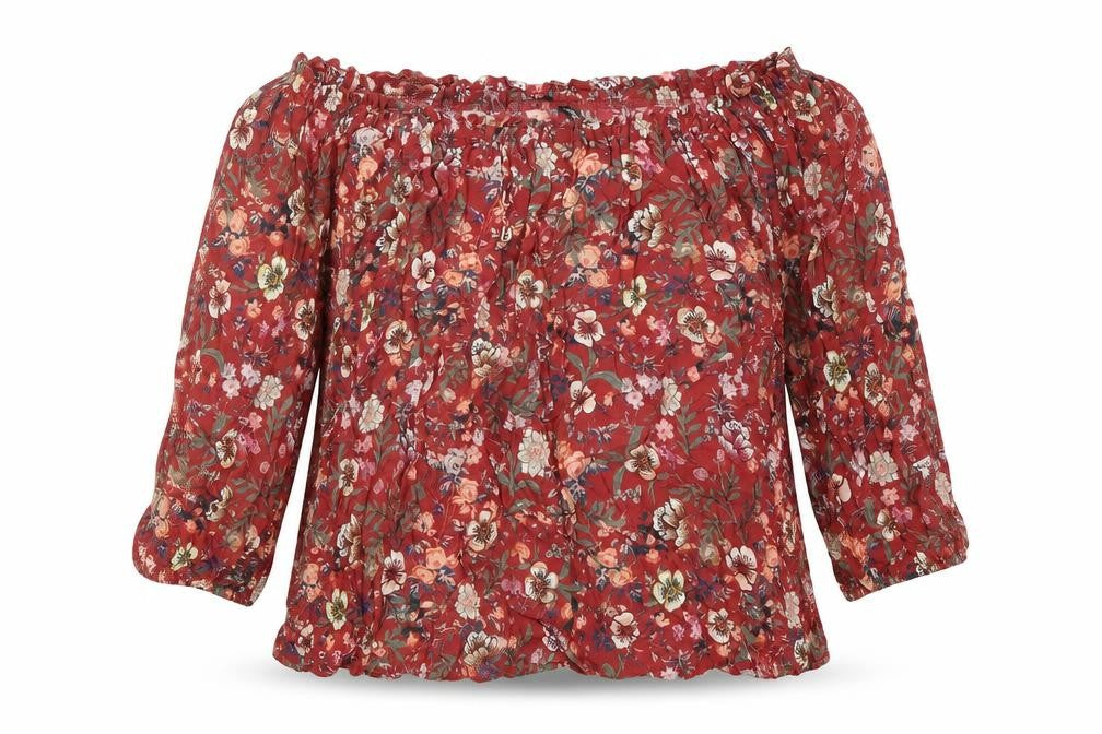 Stradivarius Womens Red Floral Viscose Basic Blouse Size S Off the Shoulder
