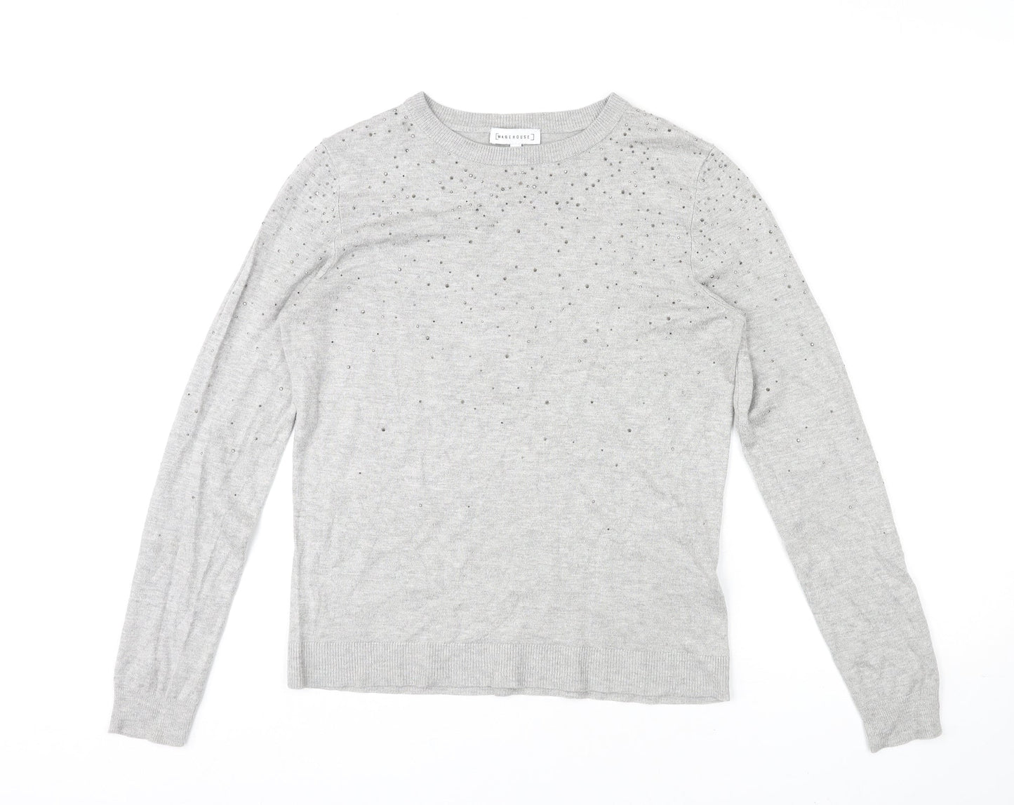 Warehouse Womens Grey Round Neck Viscose Pullover Jumper Size 12 Pullover - Beaded