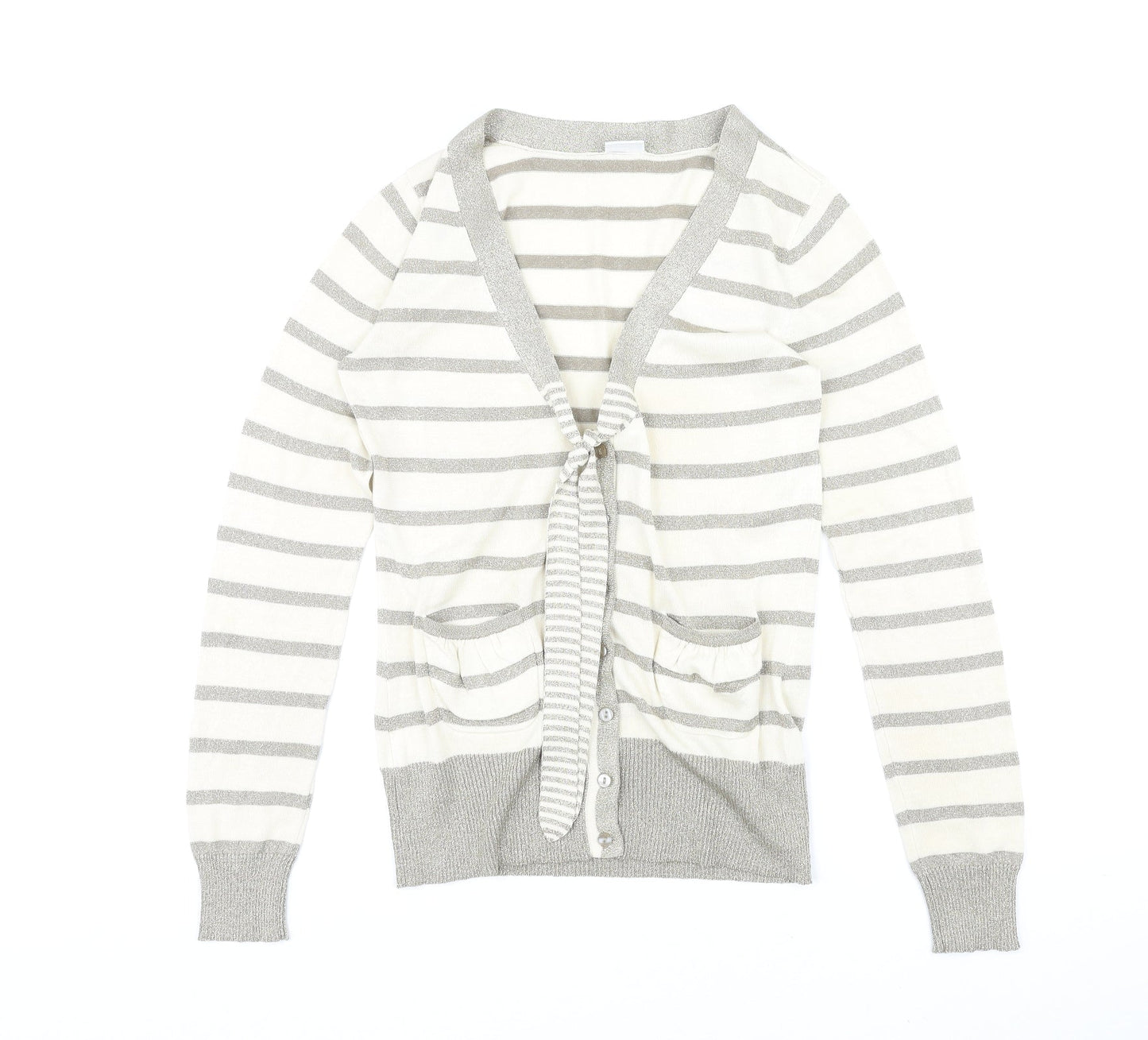 DELMOD Womens Ivory V-Neck Striped Polyester Cardigan Jumper Size 12