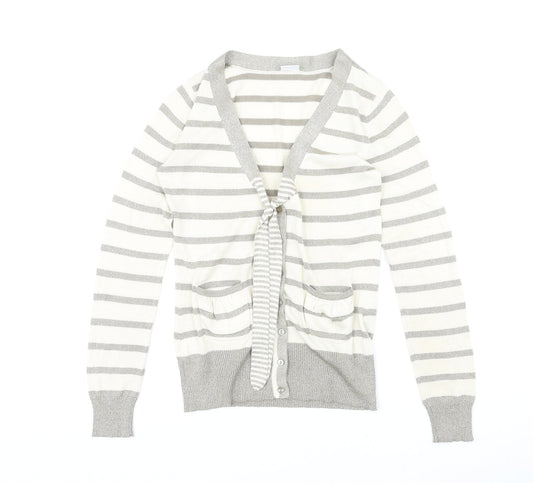 DELMOD Womens Ivory V-Neck Striped Polyester Cardigan Jumper Size 12