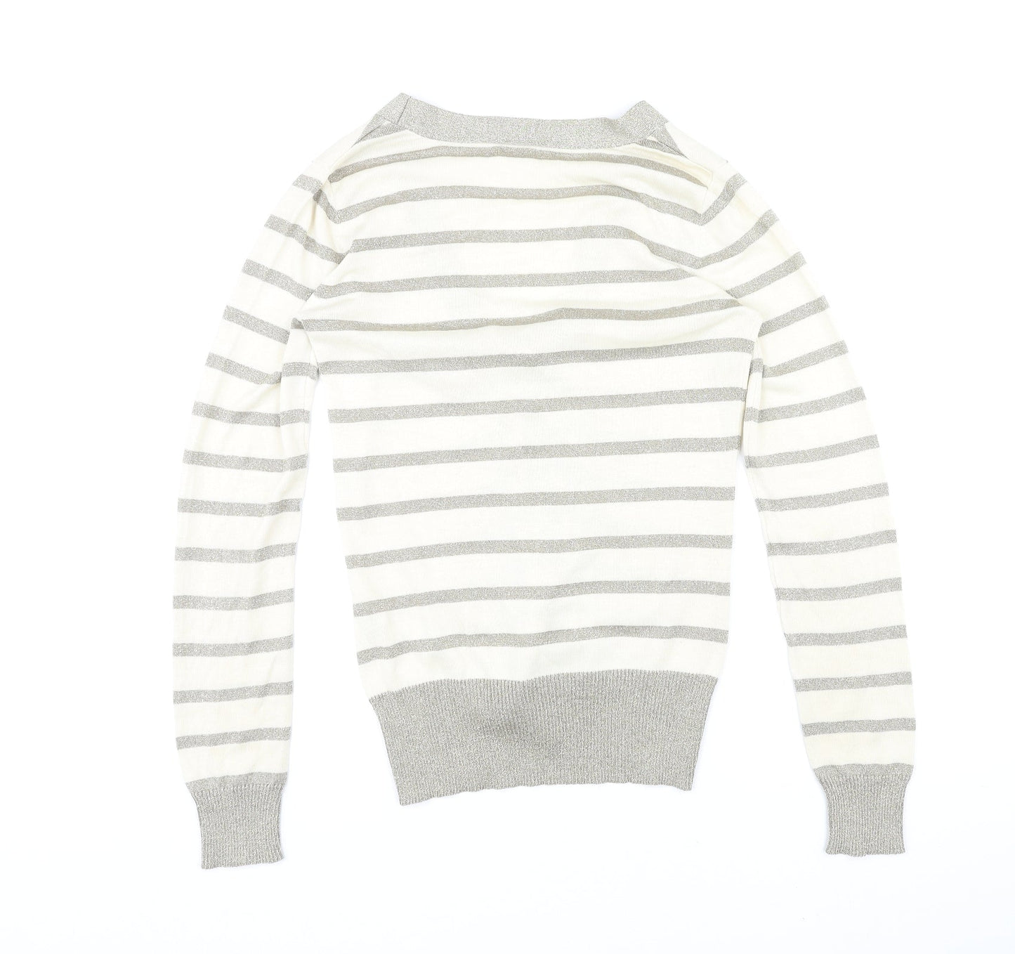DELMOD Womens Ivory V-Neck Striped Polyester Cardigan Jumper Size 12